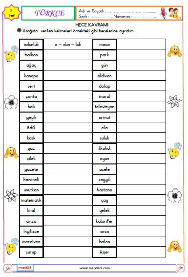 2. Sınıf Türkçe Hece Kavramı Etkinliği